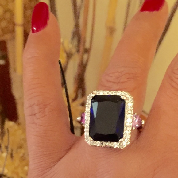 Lab Created Blue sapphire, STATEMENT RING. - Picture 3 of 4