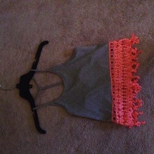 Gray and hot pink lace crop top