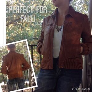 Caramel brown faux leather bomber jacket