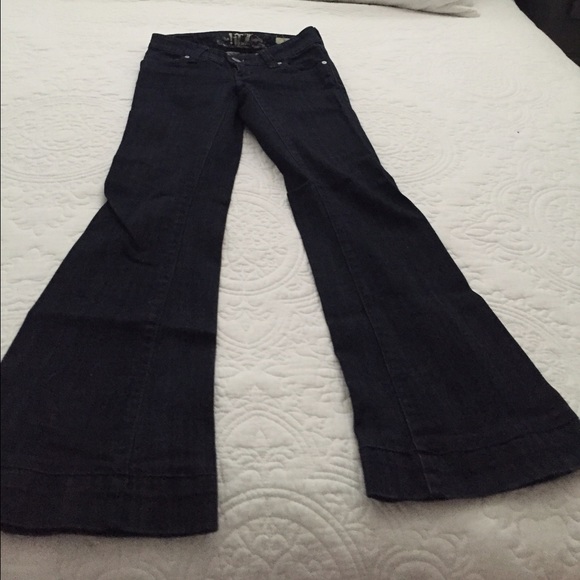 Dark denim low rise, wide leg jeans. 30" inseam.