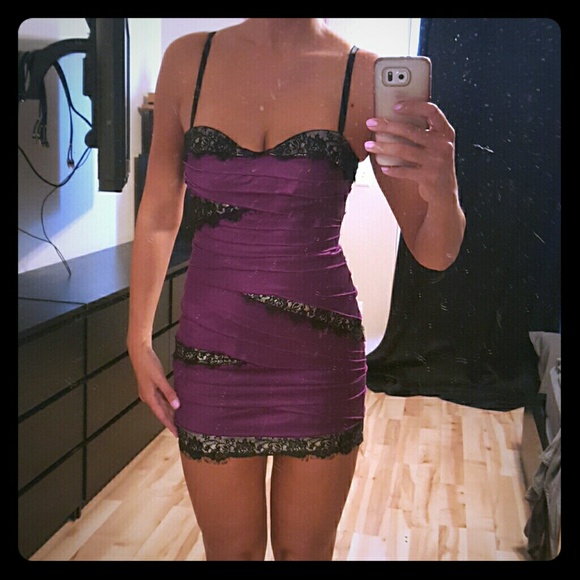 BEBE Purple and black lace mini dress