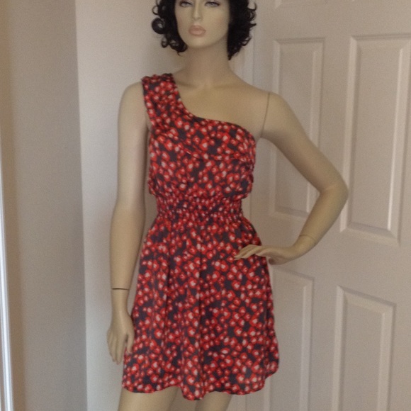 💞 One shoulder gray & orange flower flirty dress