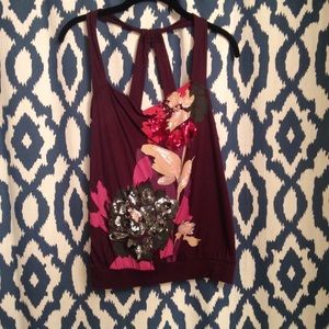 Express XS maroon sequin flower top