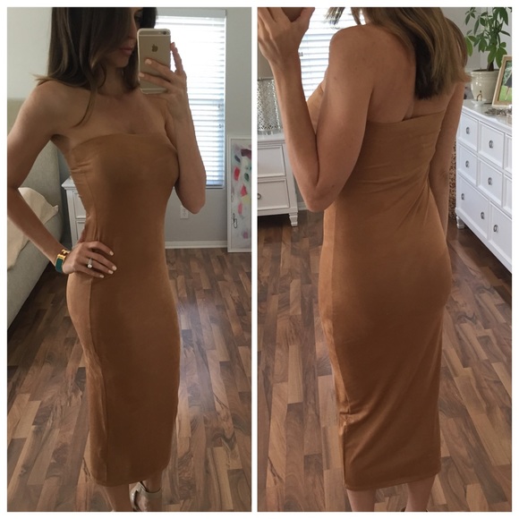 Sold • Tan Strapless Suede Midi Dress - Picture 2 of 4