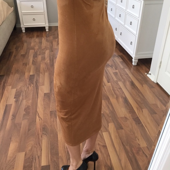 Sold • Tan Strapless Suede Midi Dress - Picture 3 of 4