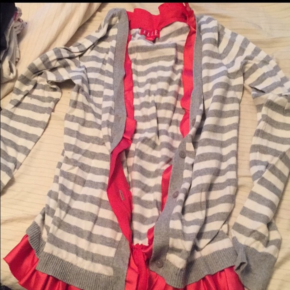 Striped cardigan with pink faux satin trim