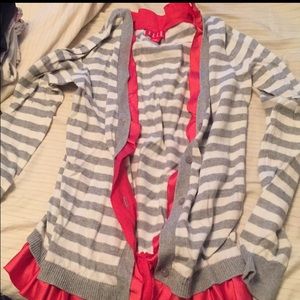 Striped cardigan with pink faux satin trim