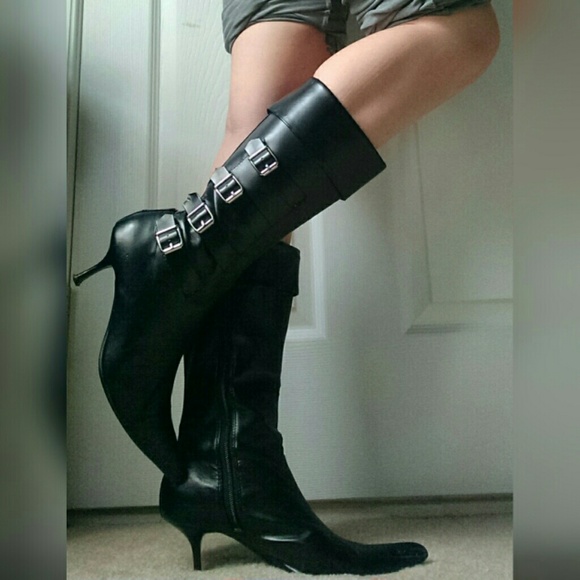 Black buckle detail leather look stiletto boots