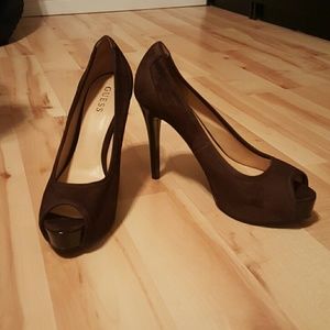 Guess brown peep toe heels