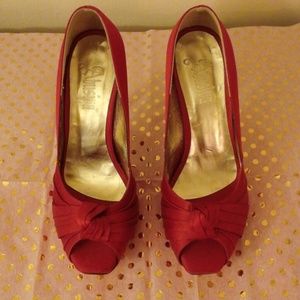 Red Satin Open Toe Pumps