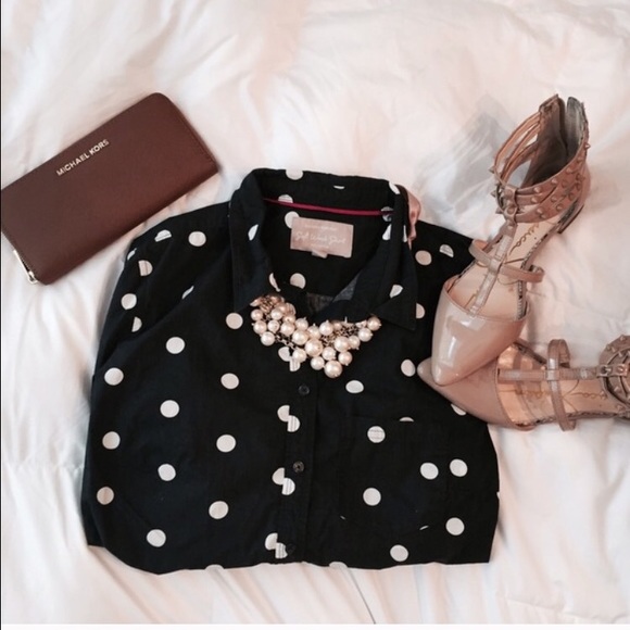 Navy & white polka dot button up