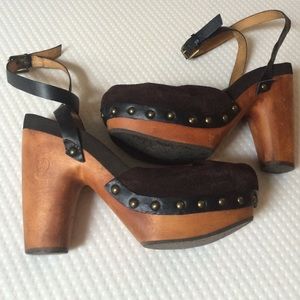 Flogg brown swede clogs with ankle strap