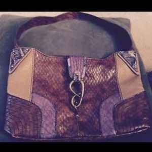 Jessica Simpson tan & purple snakeskin handbag