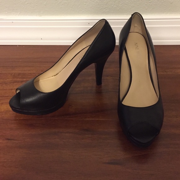 Black Leather Peep-Toe Pumps