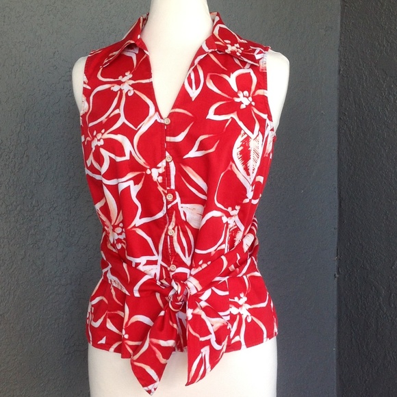 Jones New York Tops - Red & White Floral Print Tie-Sash Sleeveless Sz. M