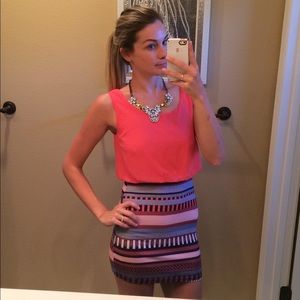 Coral and navy pattern cocktail dress w/open back