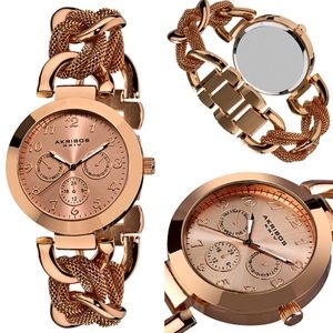 💠Rose Gold Tone Mesh Link Bracelet Akribos Watch