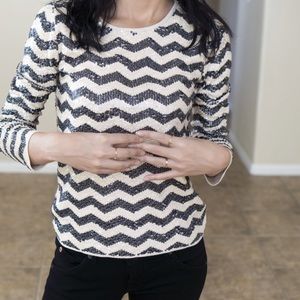 Sequined black & white chevron long-sleeve blouse