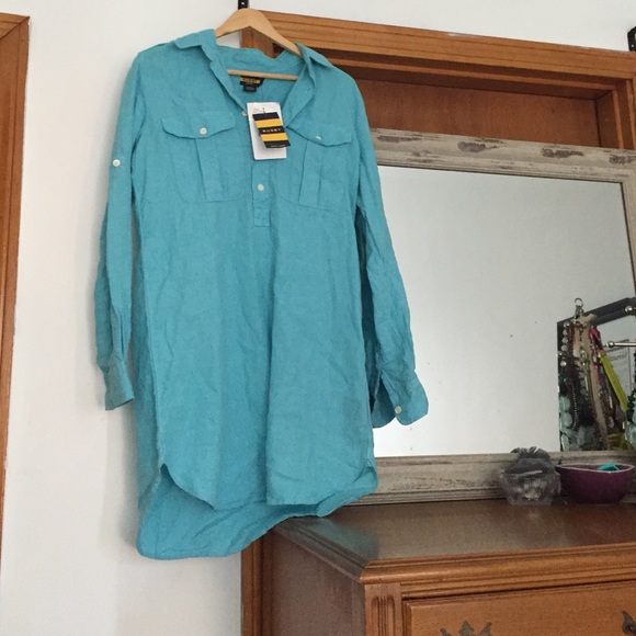Sky blue linen blouse dress.