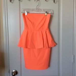 Neon Orange Peplum Strapless Dress from Zara
