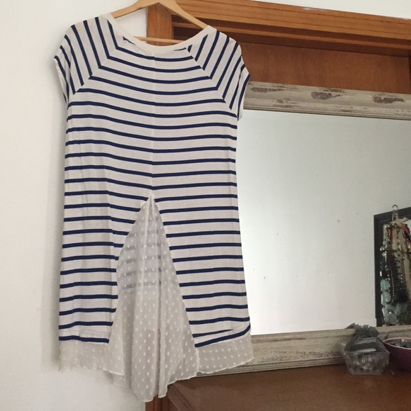Jersey stripped tee with chiffon layered detail.