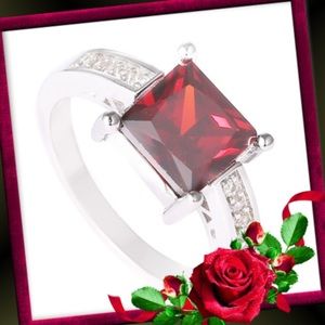 Sterling Silver Emerald Cut Ruby, Pave Ring
