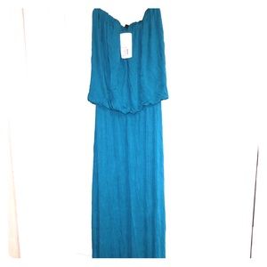 Long strapless jade dress.