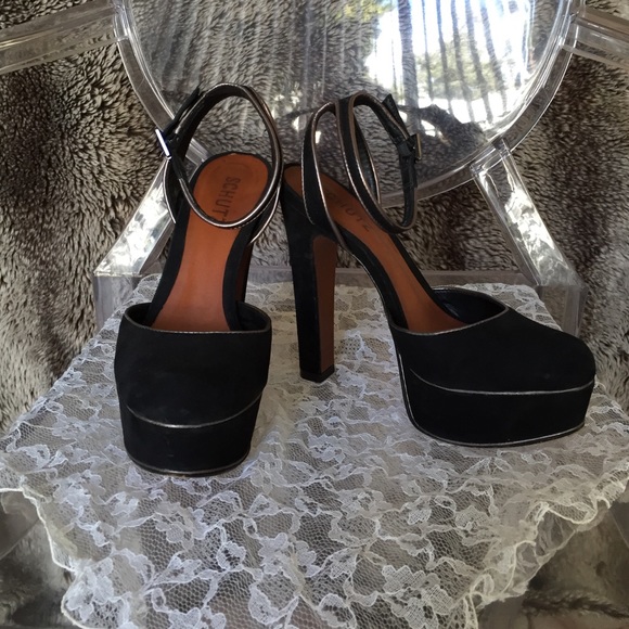 Black suede platforms with ankle-strap