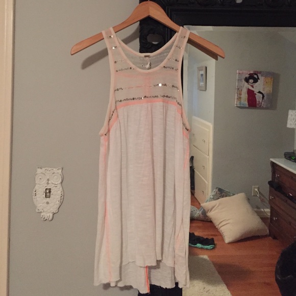 free people tank w/ beaded detail & neon pink trim