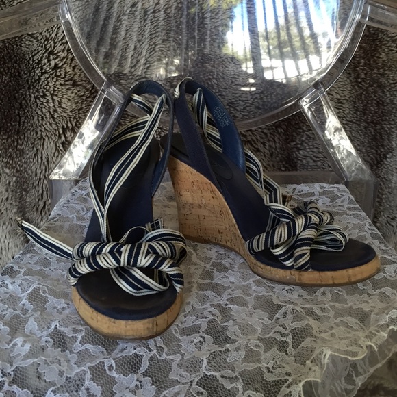 Navy & white cork wedges