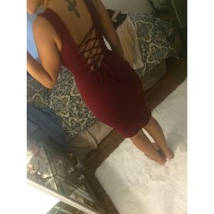 Burgundy tie up back midi dress