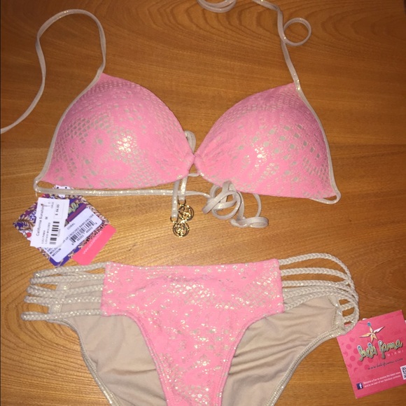 Luli Fama Delicia Crochet Coral Gold Bikini