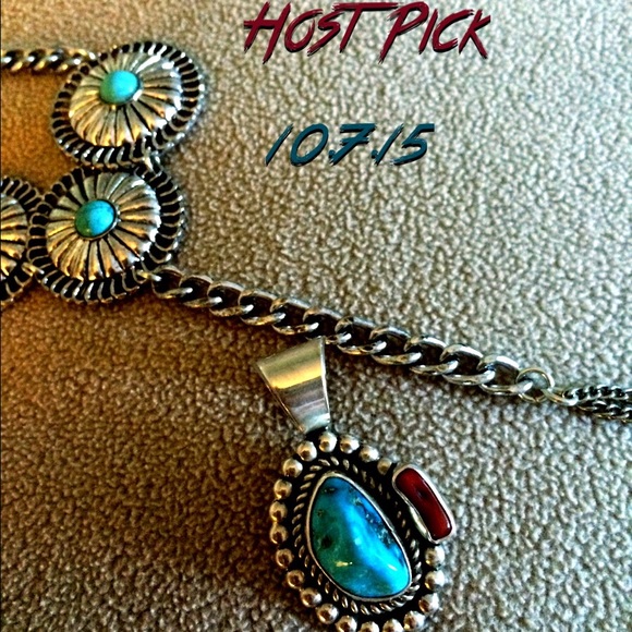 Accessories - Navajo metal stamped turquoise & red oyster bezel