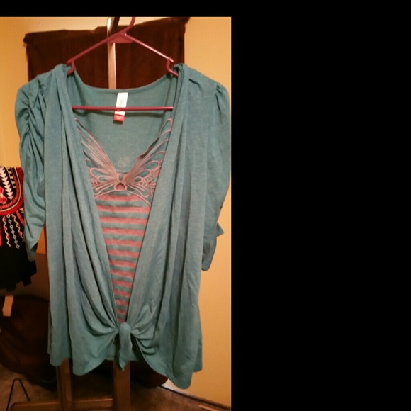 Teal and grey butterfly shirt