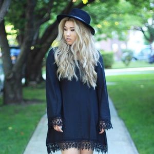Black chiffon long bell sleeve shift dress