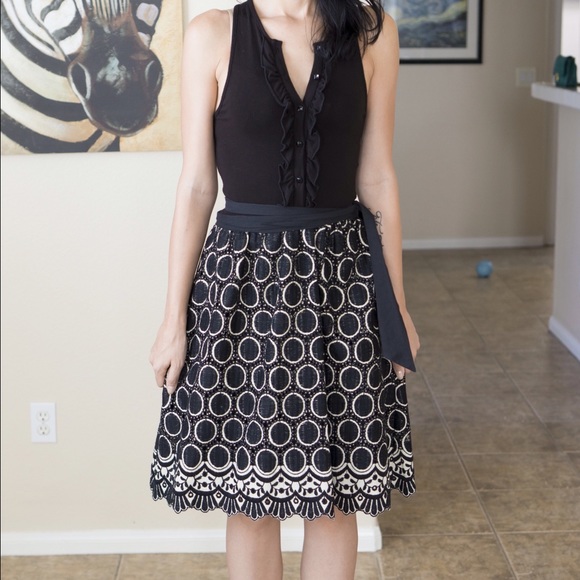 Black button dress + flouncy black & white skirt