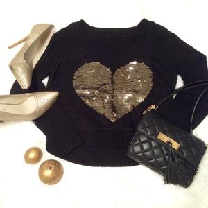 Bebe crop sweater with gold sequin heart