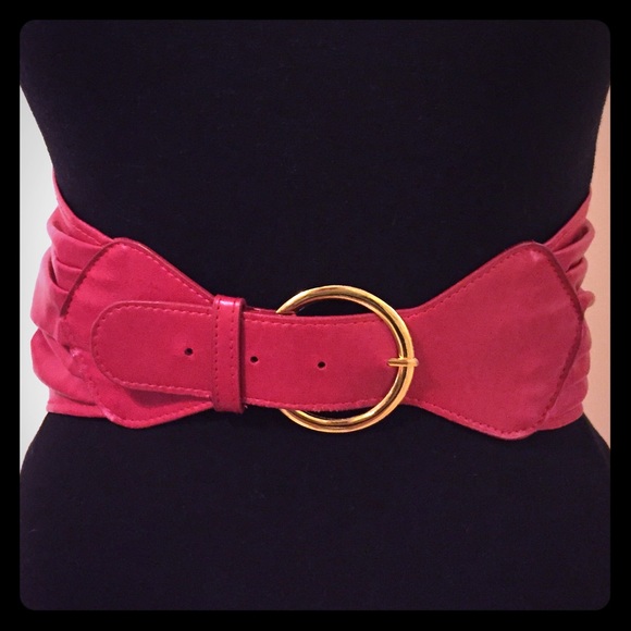 VINTAGE Red Leather Belt w/Gold Buckle