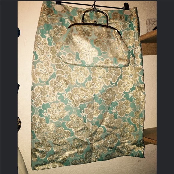 Banana Republic Pencil Skirt & Clutch - gold &teal