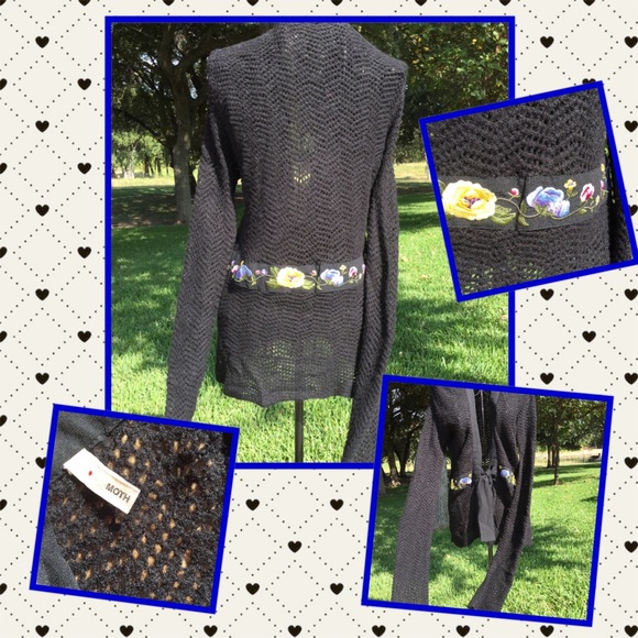 MOTH loose knit cardigan, embroidered tie waist