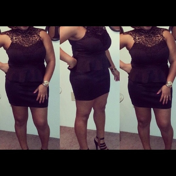 Black peplum dress w/ lace at top across shoulders