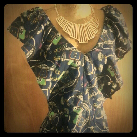 Black Dresses & Skirts - Navy cap flutter sleeve bridle & bit print dress