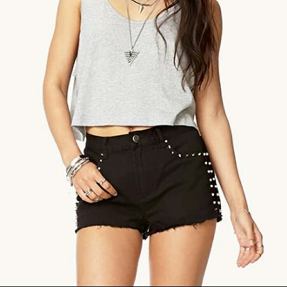 Silver Studded Black Denim Shorts