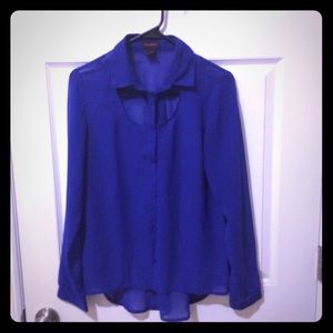 Cobalt blue long sleeve button shirt with cut outs