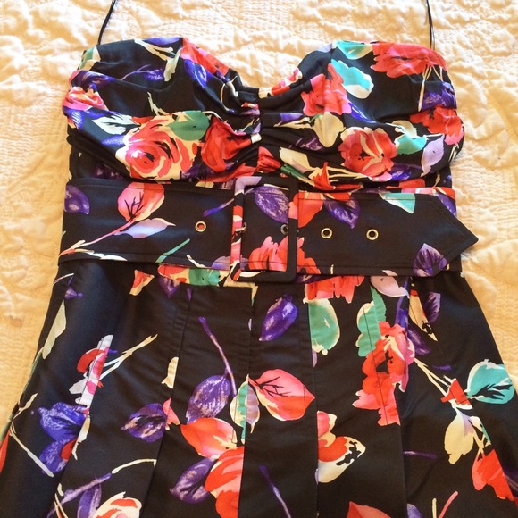 Belted floral silk strapless dress