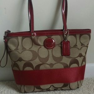 Khaki Red Stripe Tote Handbag