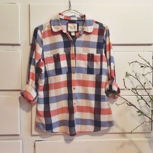 Forever 21 Cream, Blue, and Red Plaid Button Shirt