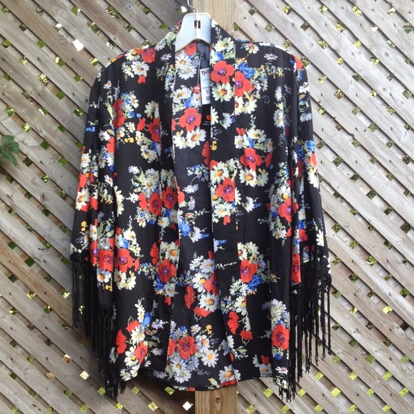 Tops - Black Floral Fringe Kimono