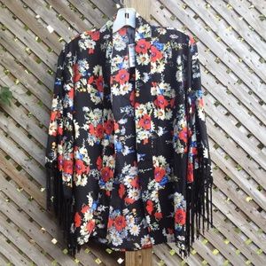 Black Floral Fringe Kimono