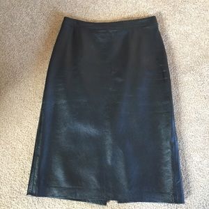 BCBG black leather knee skirt